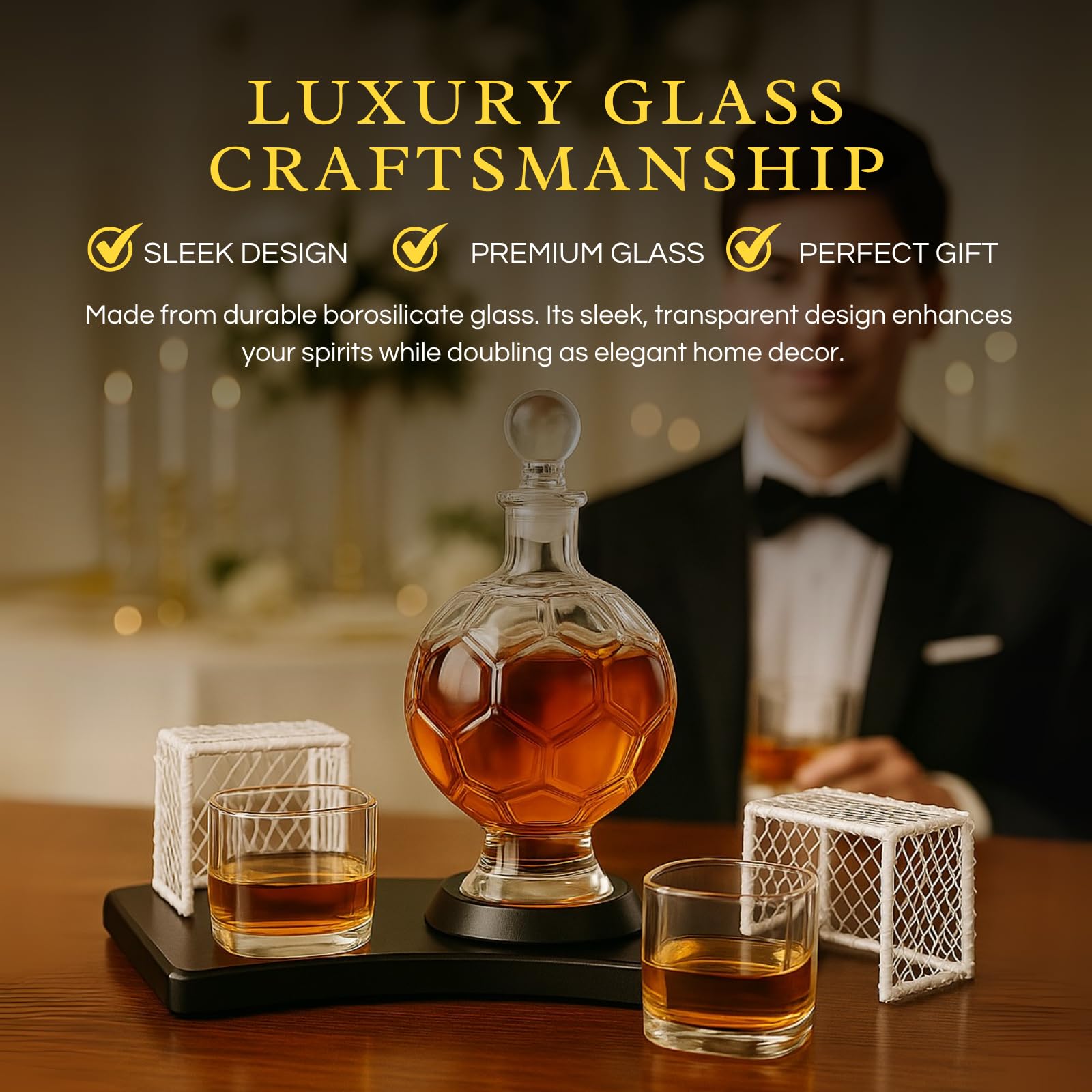 Soccer Whiskey Decanter Set with 2 Glasses & Holder Glasses-2