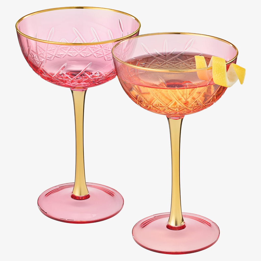 Vintage Art Deco Coupe for Champagne, Martini, Cocktails| Set of 2 | 7 oz (Pink)-3