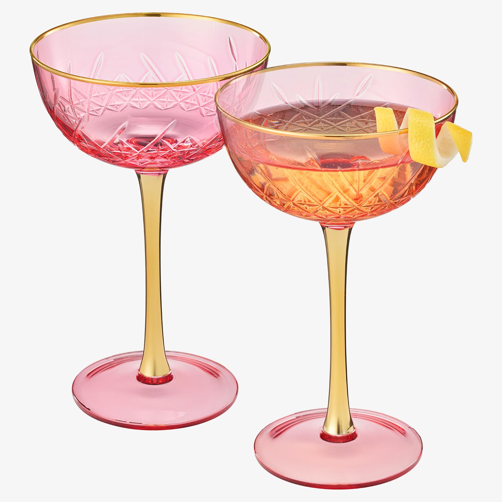 Vintage Art Deco Coupe for Champagne, Martini, Cocktails| Set of 2 | 7 oz (Pink)-3