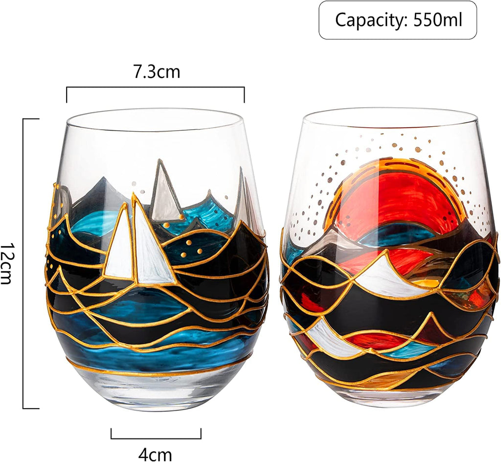 Artisanal Hand Painted Sunrise Glasses, Stemless Set of 2-2