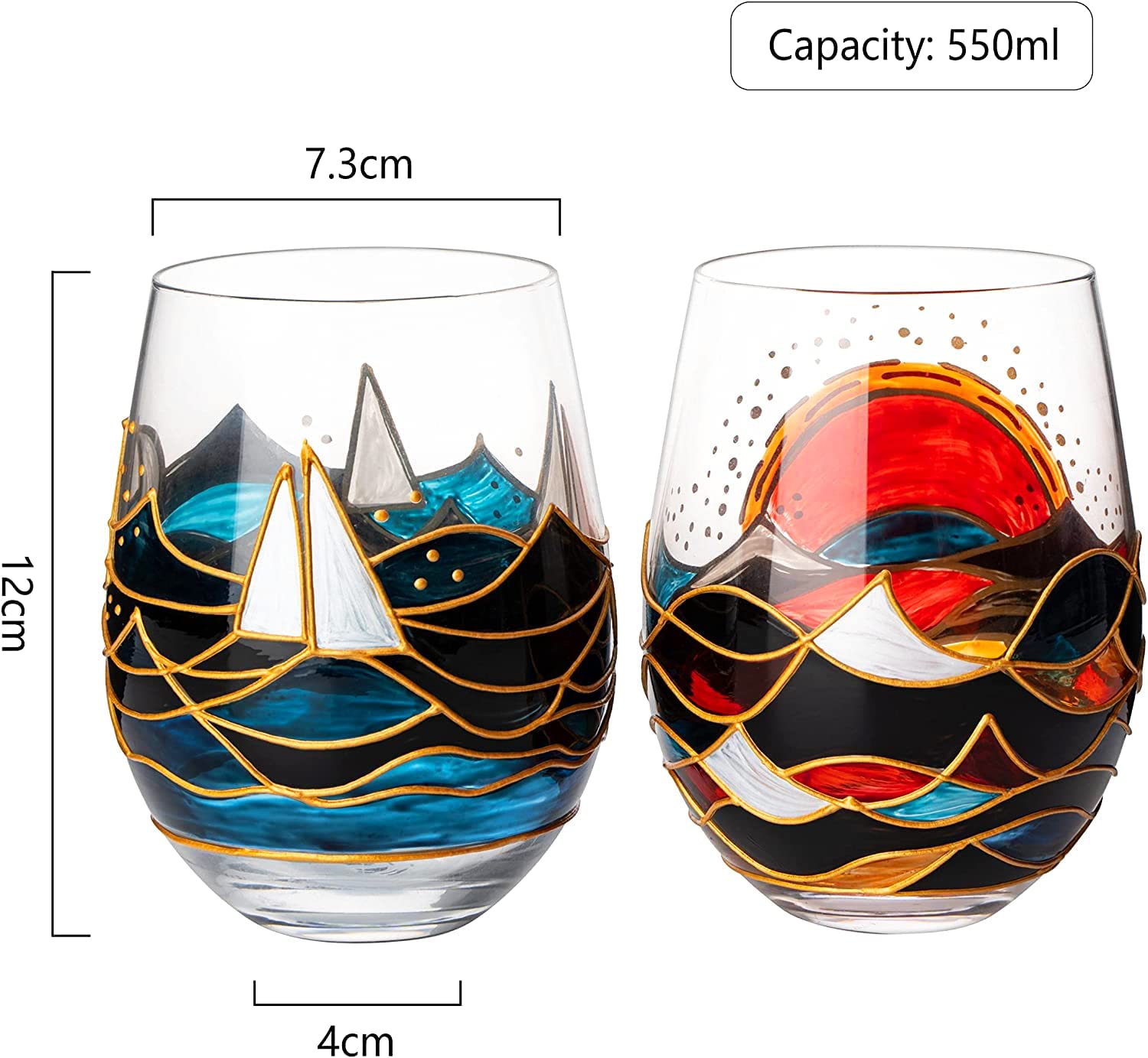 Artisanal Hand Painted Sunrise Glasses, Stemless Set of 2-2