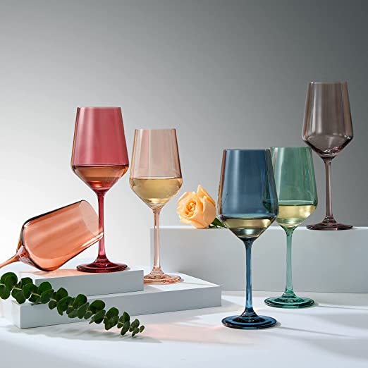 Colored Crystal Wine Glass Set of 6 - Large 12 oz Glasses (Pastel)-1