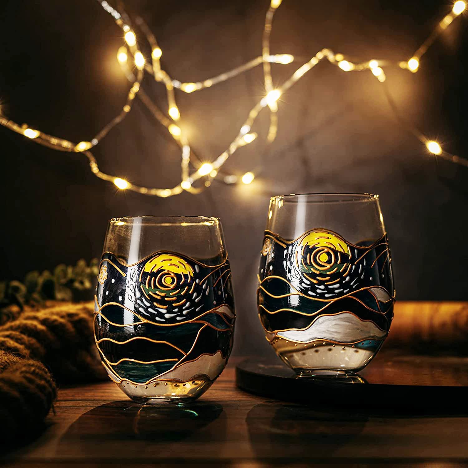 Vincent Van Gogh Wine Glasses Artisanal Hand Painted Stemless Set of 2-2