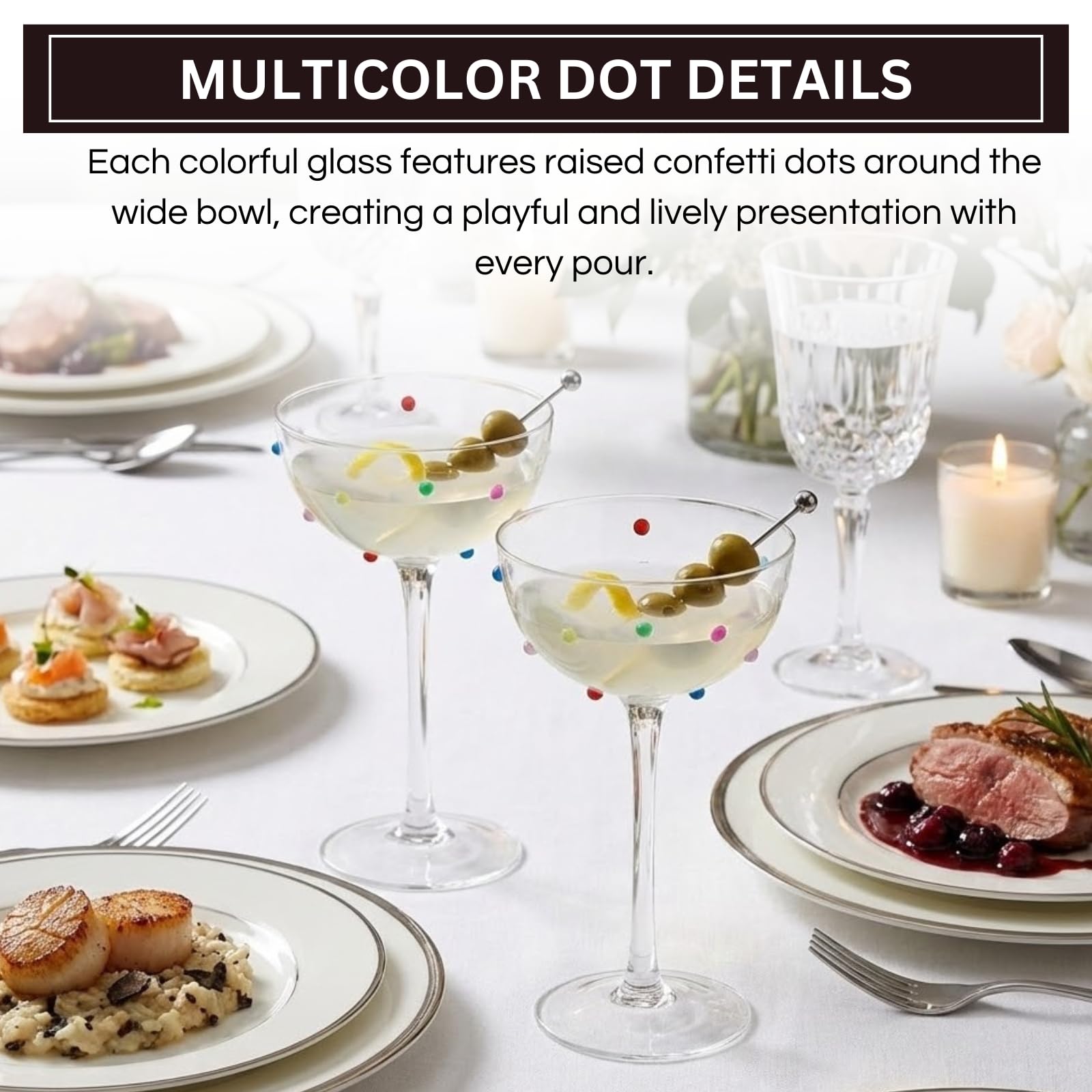 Confetti Coupe Glasses Set of 2, 7.44oz Colorful Clear Glass-2