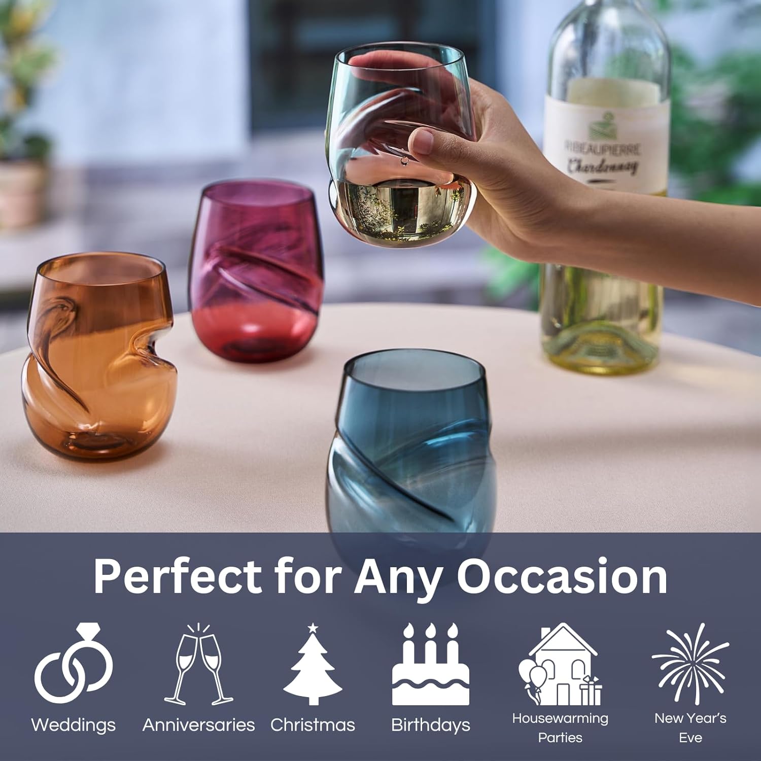 Khen Unbreakable Aerating Stemless Wine Glasses - Set of 4-13 oz Pastel Glass