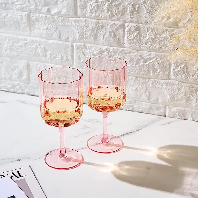 Flower Vintage Wine Glassware - Set of 2-13 oz (Pink)-1