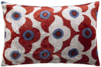 Luxury Handmade Silk Velvet Throw Pillow - Red Rust, Blue, and White Design, 16x24, Super Soft