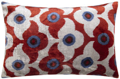 Luxury Handmade Silk Velvet Throw Pillow - Red Rust, Blue, and White Design, 16x24, Super Soft