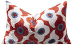 Luxury Handmade Silk Velvet Throw Pillow - Red Rust, Blue, and White Design, 16x24, Super Soft