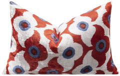 Luxury Handmade Silk Velvet Throw Pillow - Red Rust, Blue, and White Design, 16x24, Super Soft