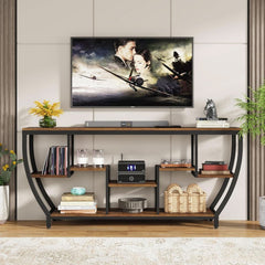 70.9 Inch Rustic Industrial Sofa Table Storage Shelves-2