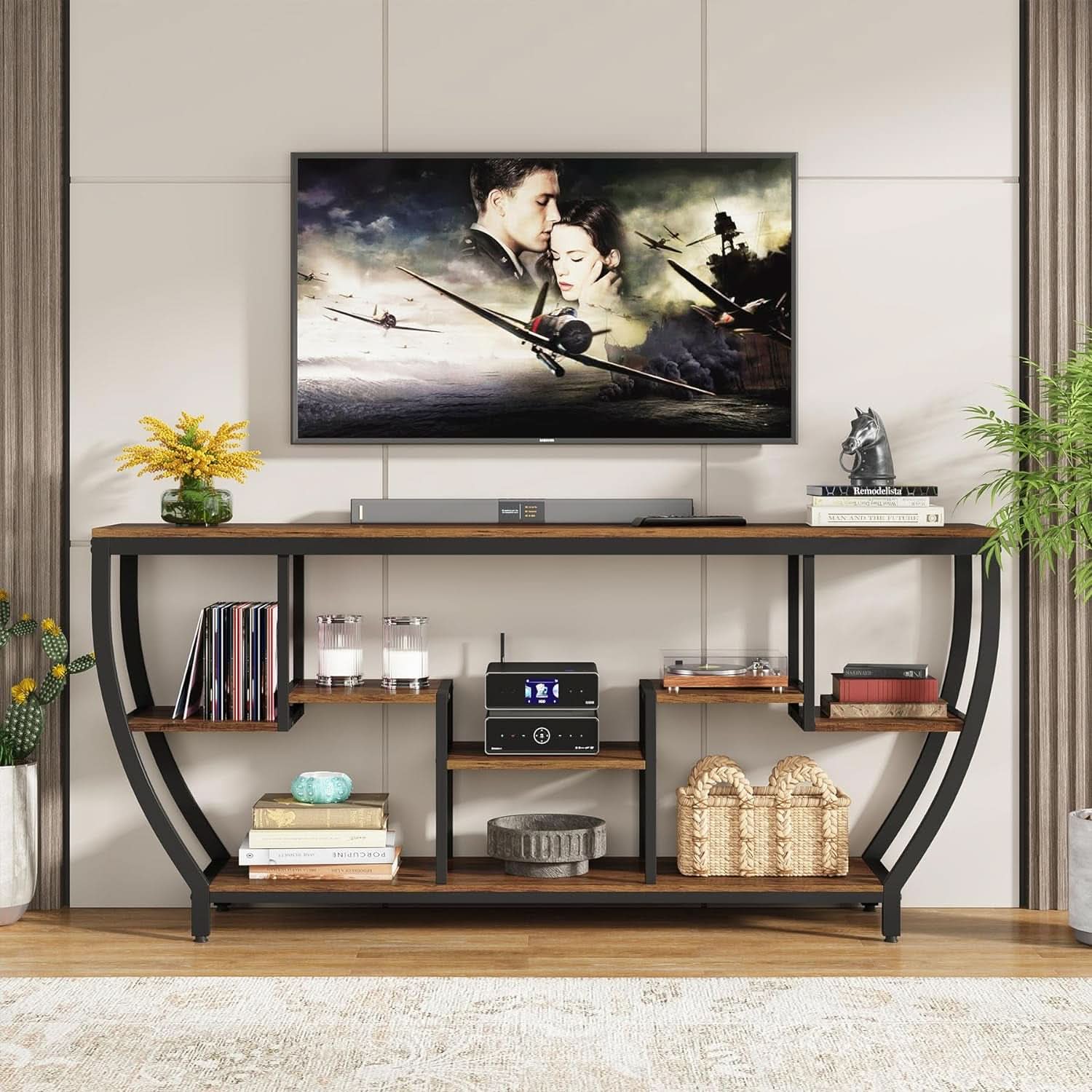 70.9 Inch Rustic Industrial Sofa Table Storage Shelves-2
