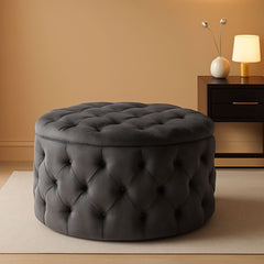 Grey Velvet Button Tufted Diamondlike Stitch Ottoman-0
