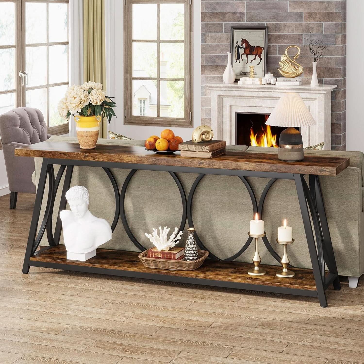70.9 Inch Rustic Brown Industrial Grade Console Table-3