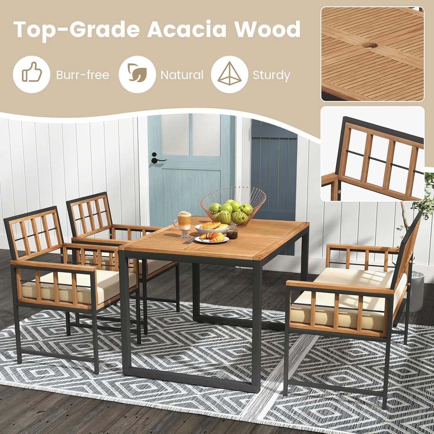 4 Piece Patio Dining Set With 47 Inch Acacia Table-3