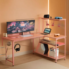 51 Inch L Shaped Gaming Desk Pink With Power Outlets And LED Lights-0