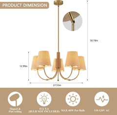 Antique Brass Boho Rattan Chandelier Pendant Dimmable-2