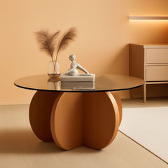 Contemporary Circular Glass Coffee Table Wooden Legs-0