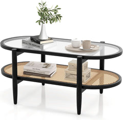 Rattan Coffee Table 40 Inch Premium Acacia Wood Finish-0