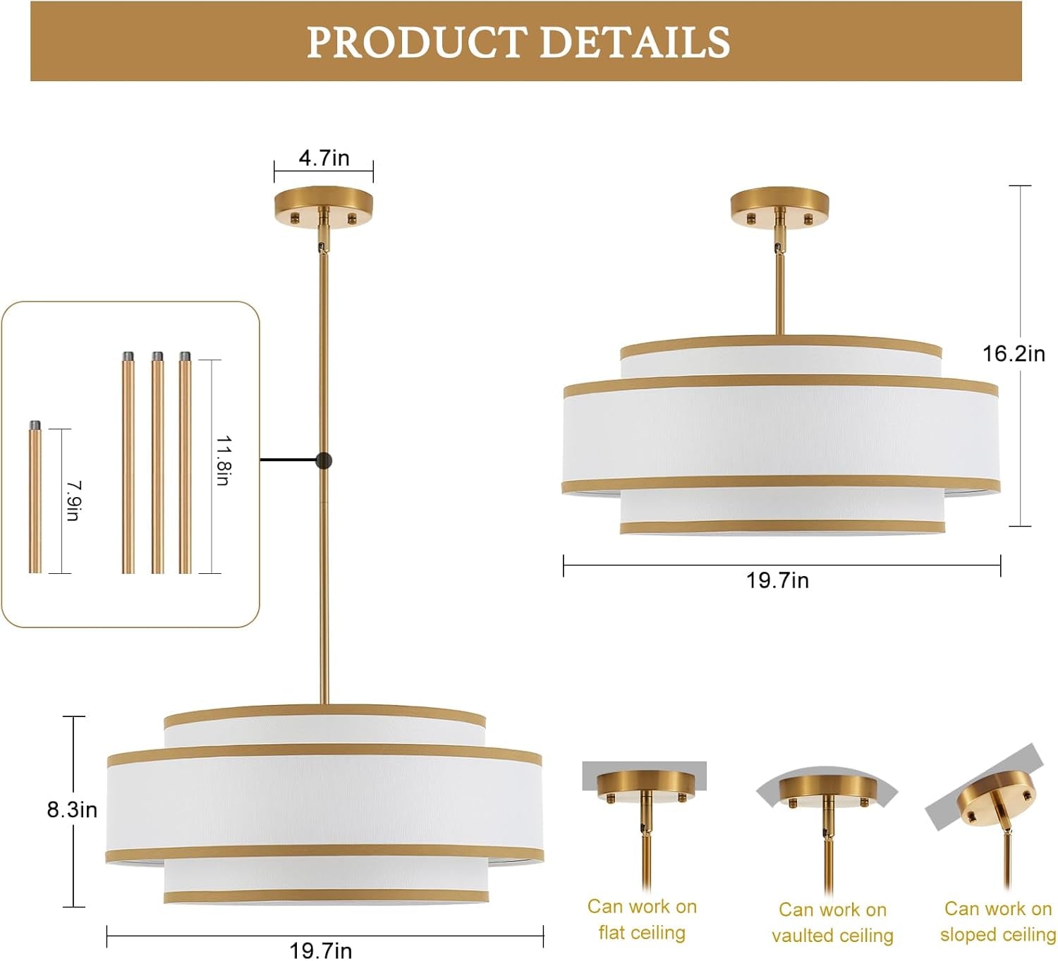 Gold Drum Chandelier 19.7 Inch Contemporary Lighting-2
