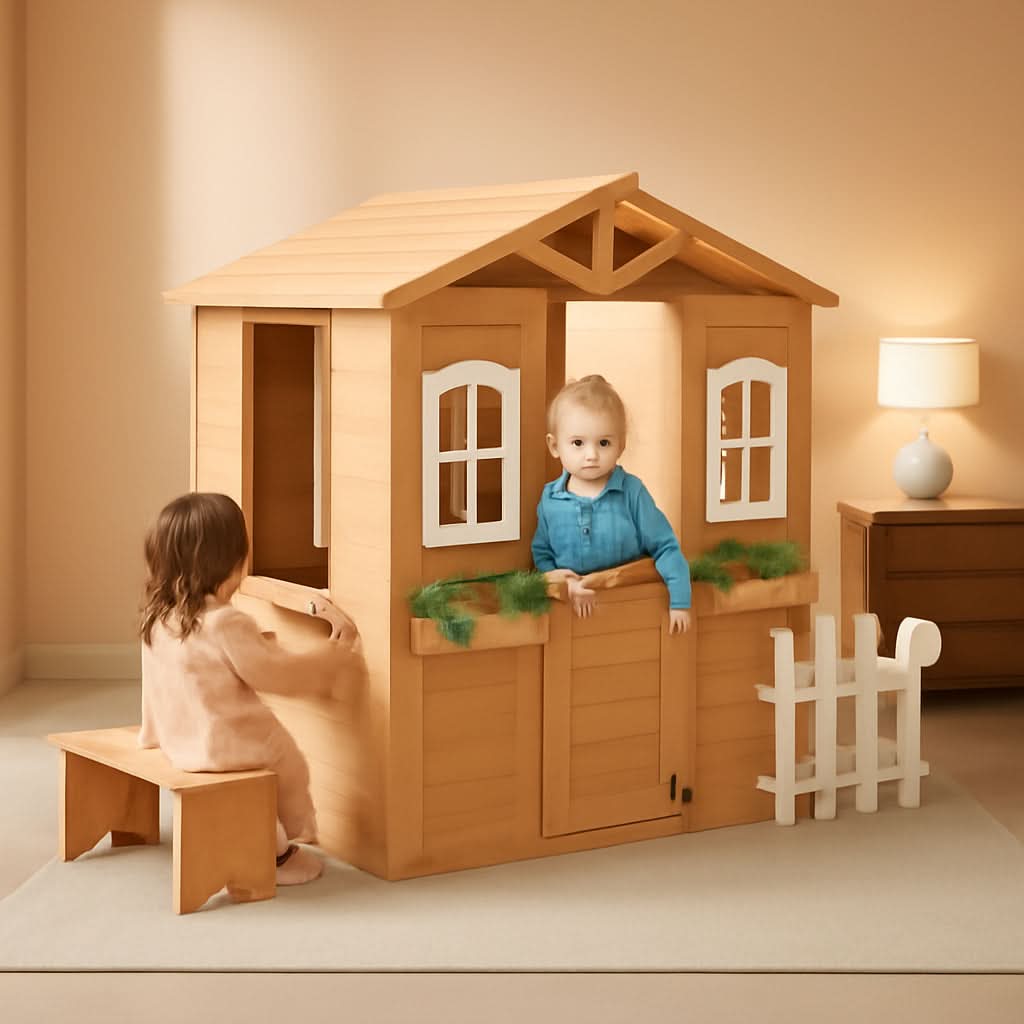 Kids Outdoor Wood Playhouse With Working Door And Windows-0