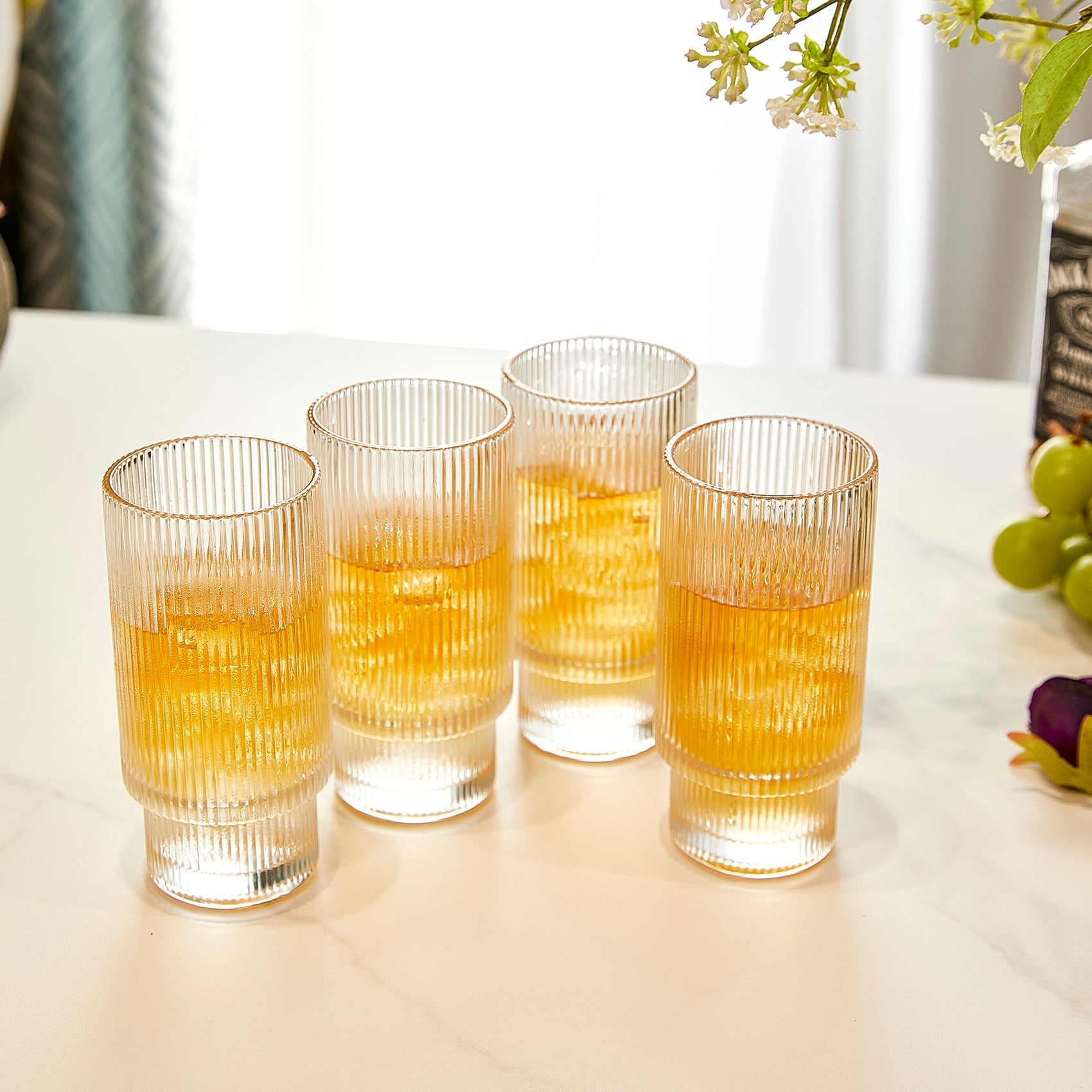 Vintage Art Deco Crystal Highball Ribbed Glass Set of 4 - 14oz-2