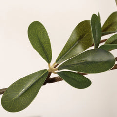 Close-up of an artificial olive branch with green leaves on a light background