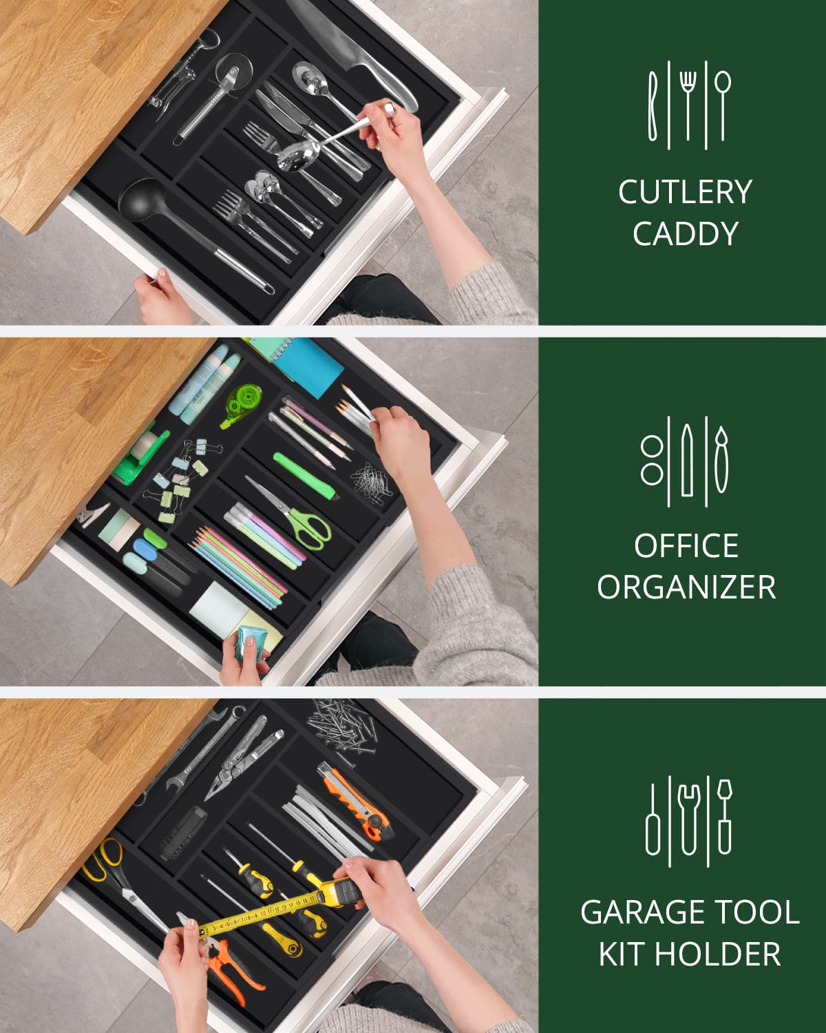Silverware Drawer Organizer, Black (9 Slots)-3