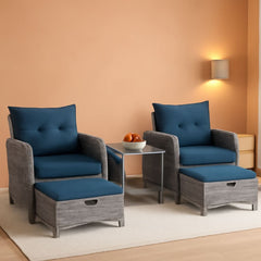 5 Pieces Wicker Outdoor Patio Chairs Set With Ottoman Blue-0