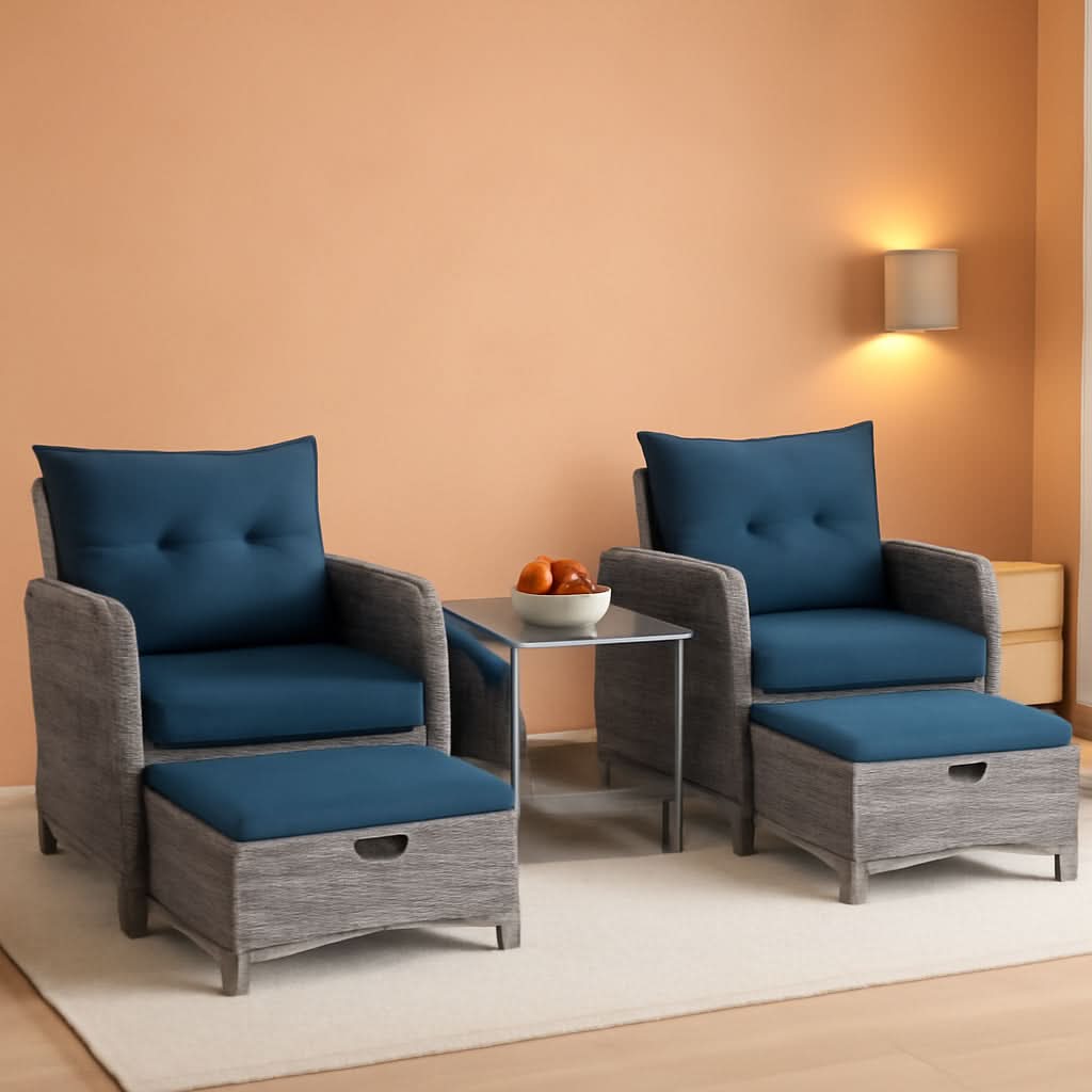 5 Pieces Wicker Outdoor Patio Chairs Set With Ottoman Blue-0