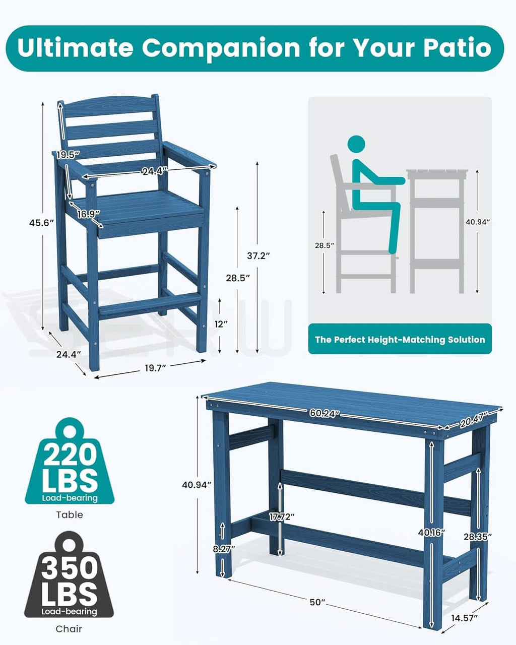 Adirondack Outdoor Bar Table And Chairs Set Blue-2