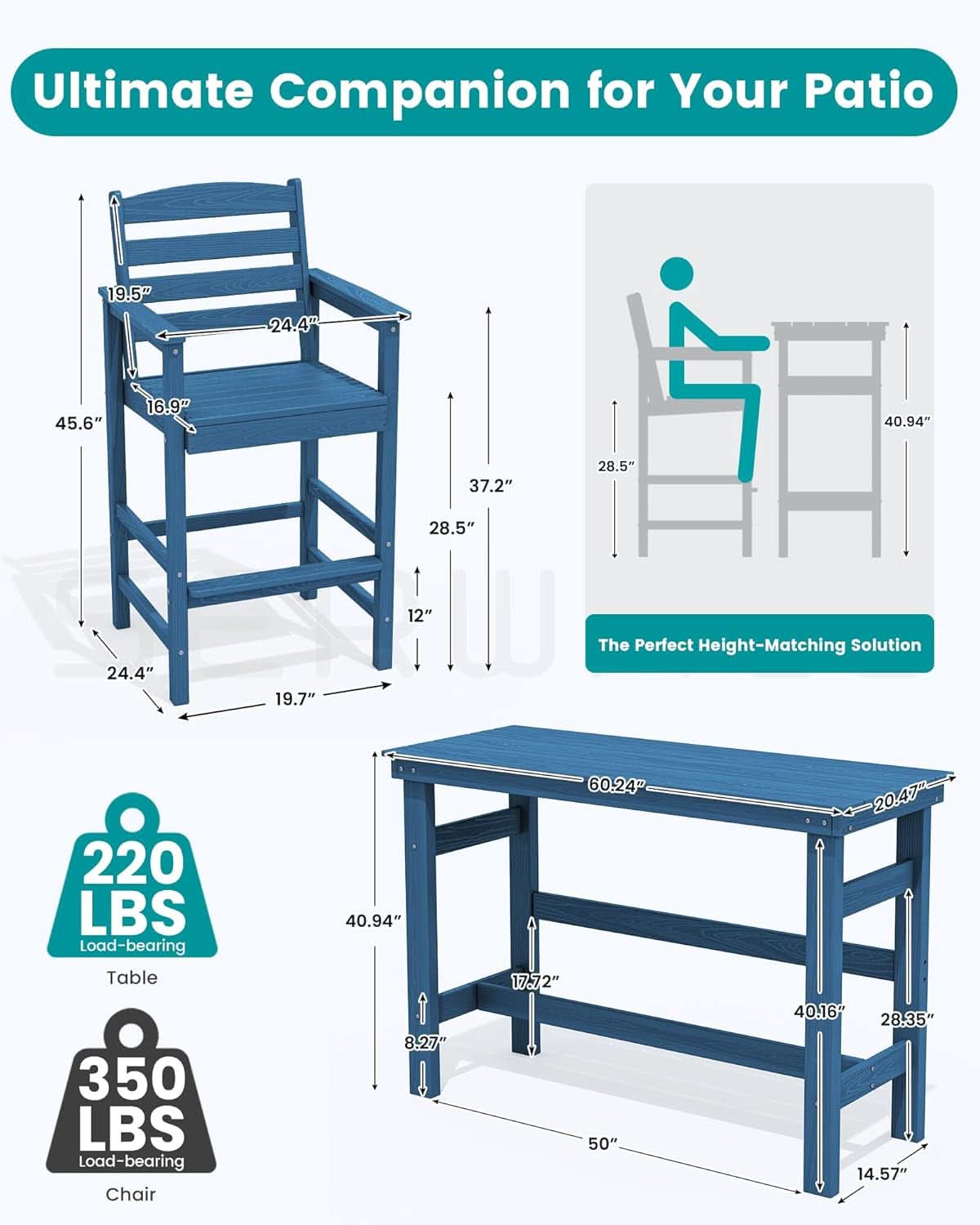 Adirondack Outdoor Bar Table And Chairs Set Blue-2