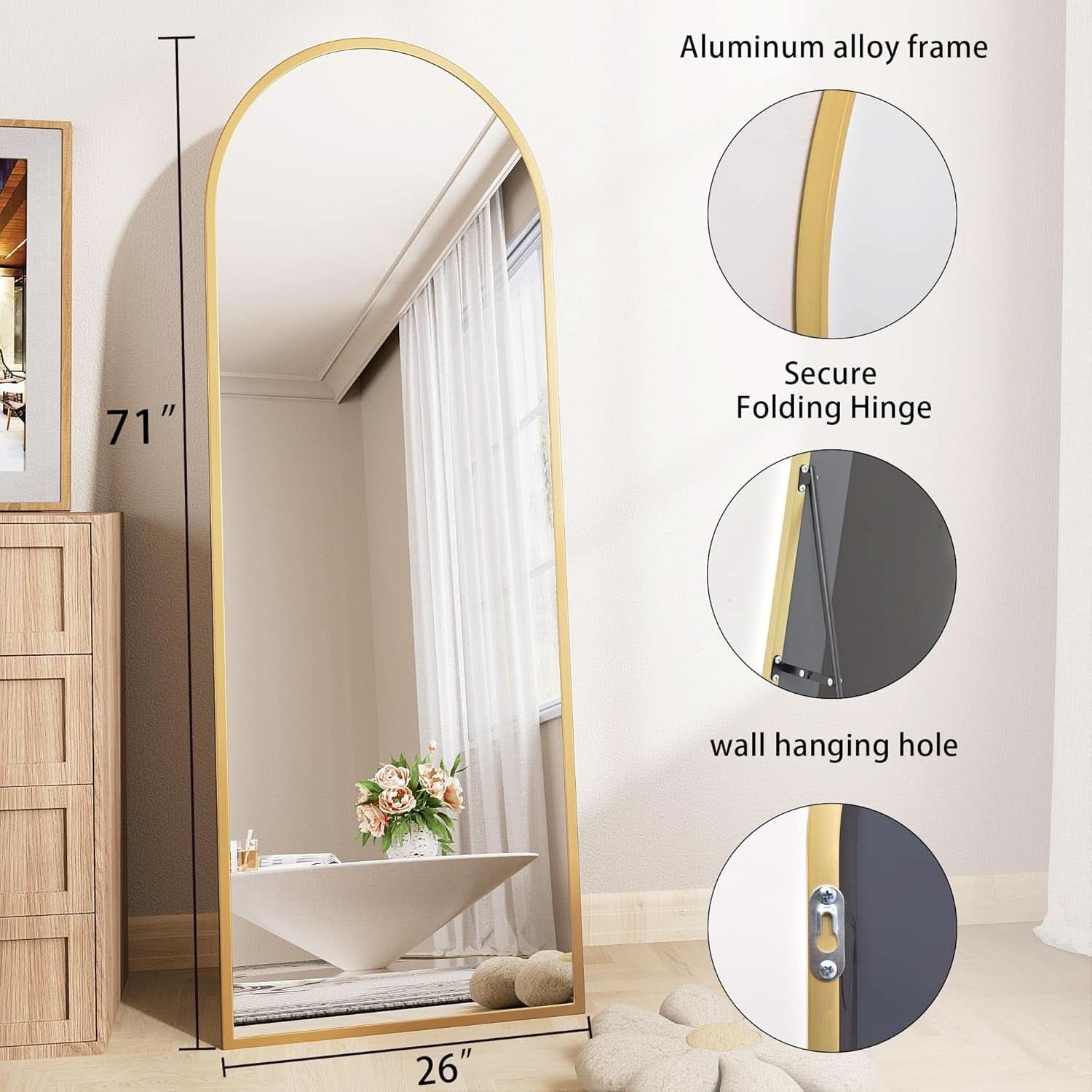 Nanoglass Arch Full Length Standing Mirror 71x26 In Gold-2