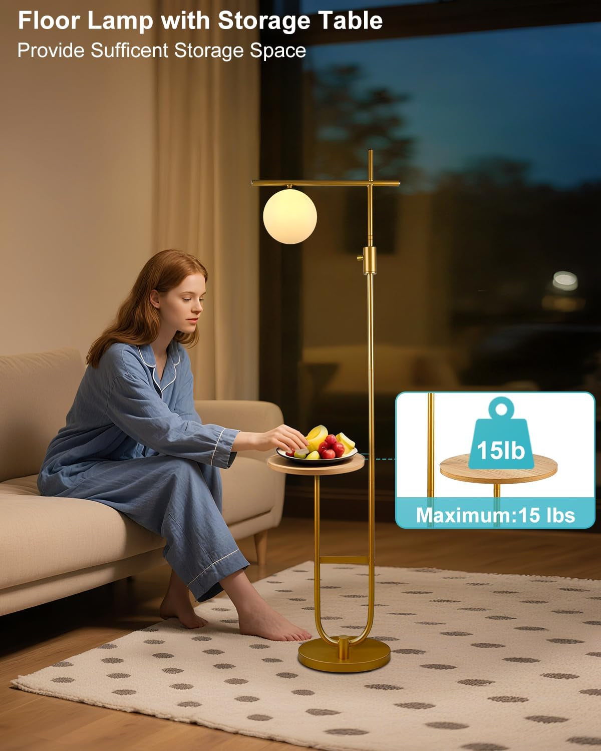 Woman sitting on a couch next to a gold floor lamp with a built-in side table, with a focus on the table's capacity.