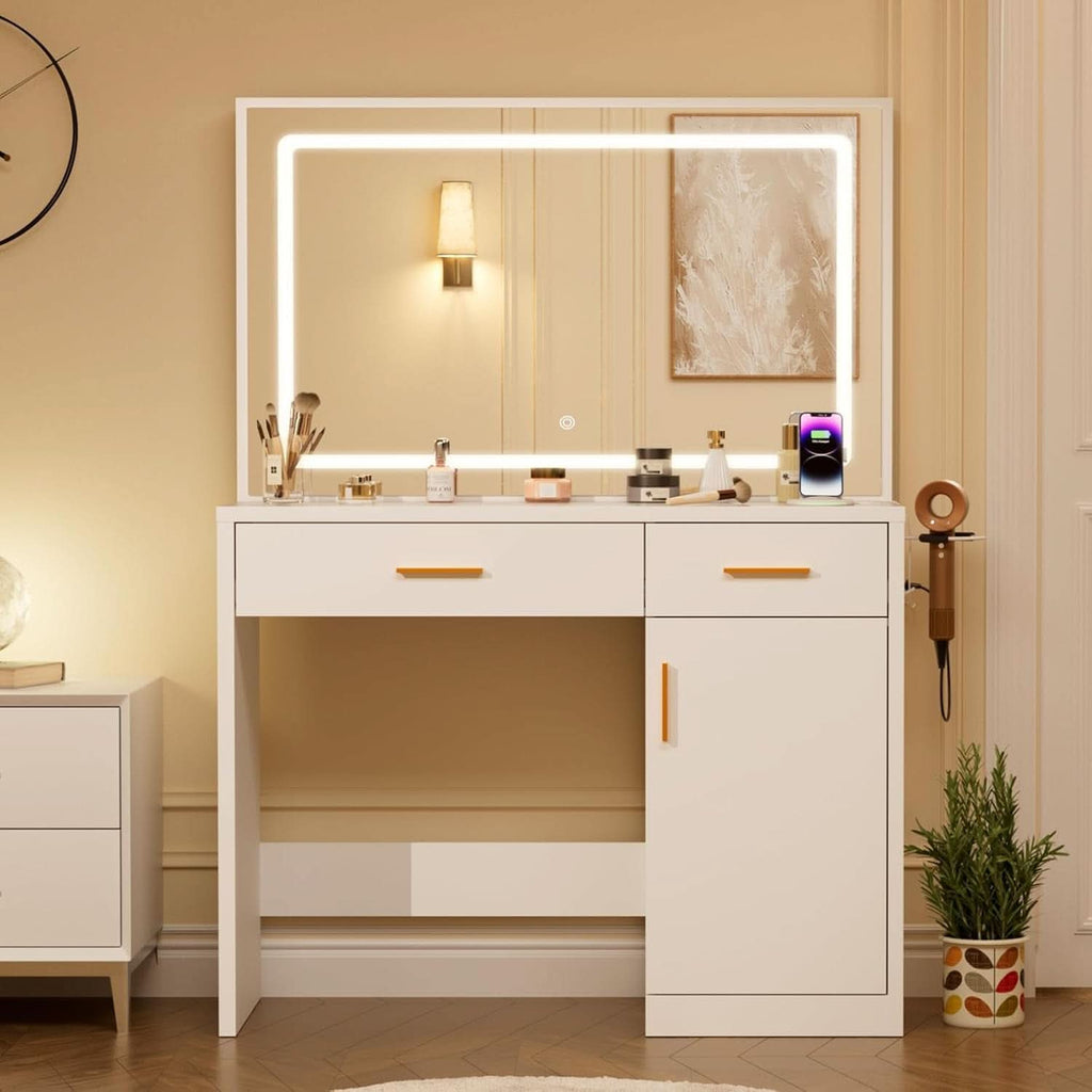 Vanity Desk With 35 Inch LED Backlit Reflection Mirror-0