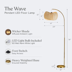 Brass Wave Arc Floor Lamp Handwoven Wicker Shade Aura-2