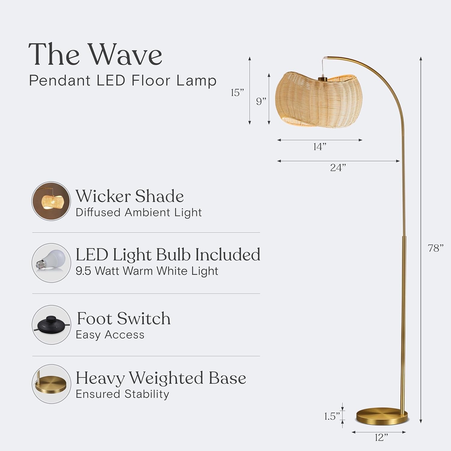 Brass Wave Arc Floor Lamp Handwoven Wicker Shade Aura-2