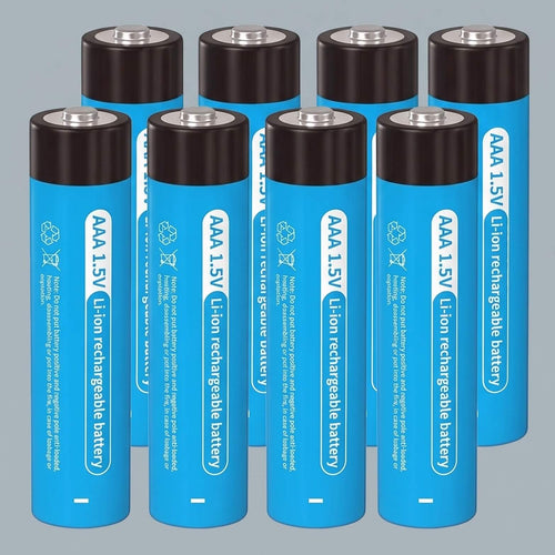 Eight blue AAA 1.5V rechargeable batteries with black caps arranged in two rows, alongside a small white plastic battery holder, on a solid gray background.