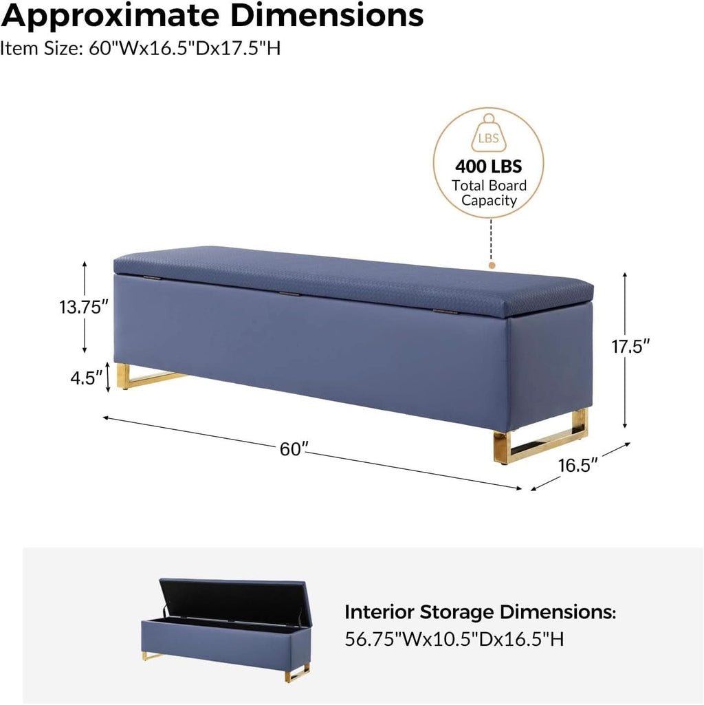 Navy Upholstered Storage Ottoman Bench With Hideaway-1