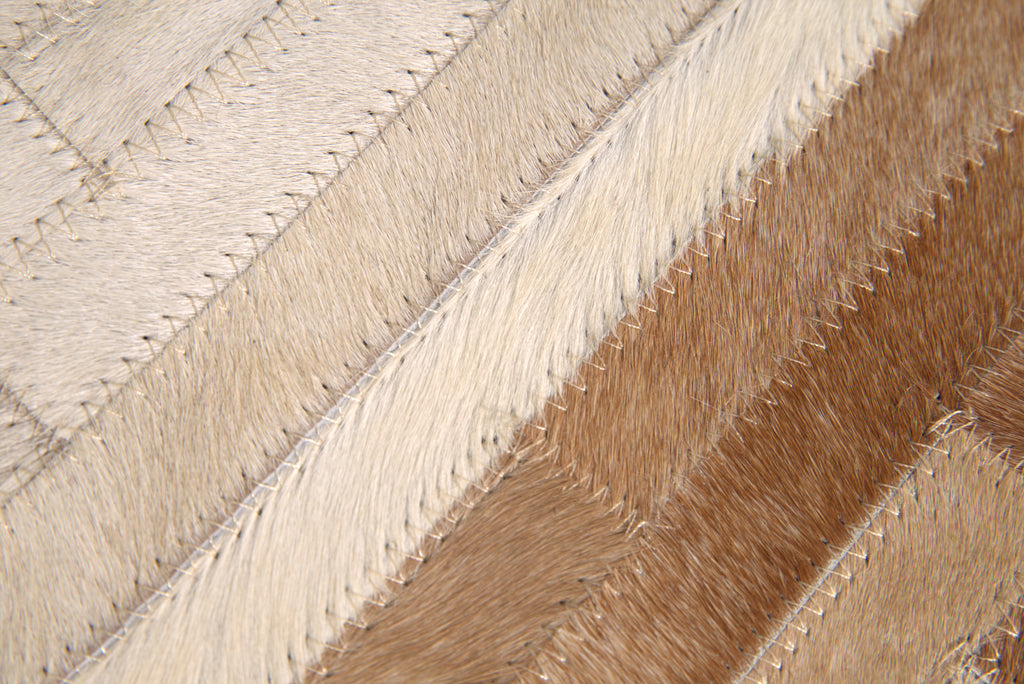Genuine Cowhide Leather Decorative Throw Pillow - Beige and Ivory Striped Patchwork, 20x20