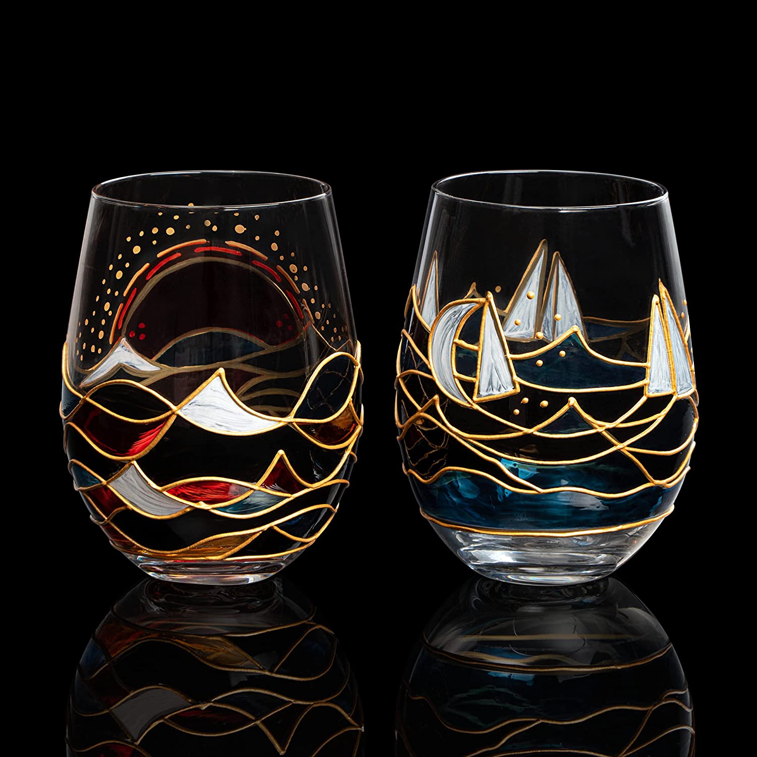 Artisanal Hand Painted Sunrise Glasses, Stemless Set of 2-1