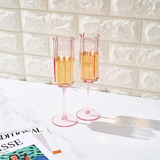 Flower Vintage Champagne Flute Glassware - Set of 2 - 7.4 oz (Pink)-3