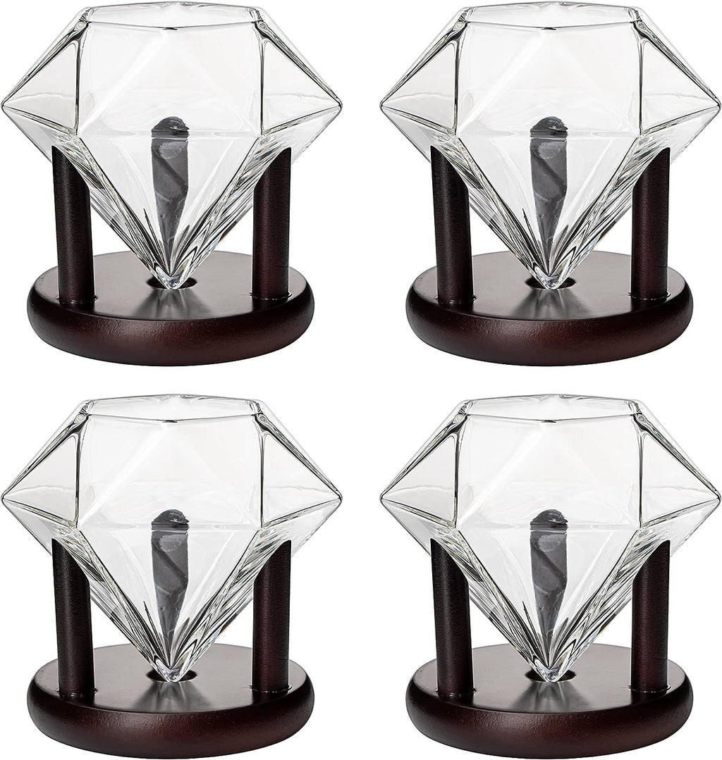 Set of 4 Diamond Whiskey & Wine Glasses With Wood Stands 10oz-2