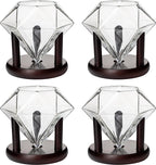 Set of 4 Diamond Whiskey & Wine Glasses With Wood Stands 10oz-2