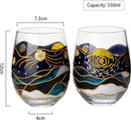 Vincent Van Gogh Wine Glasses Artisanal Hand Painted Stemless Set of 2-4