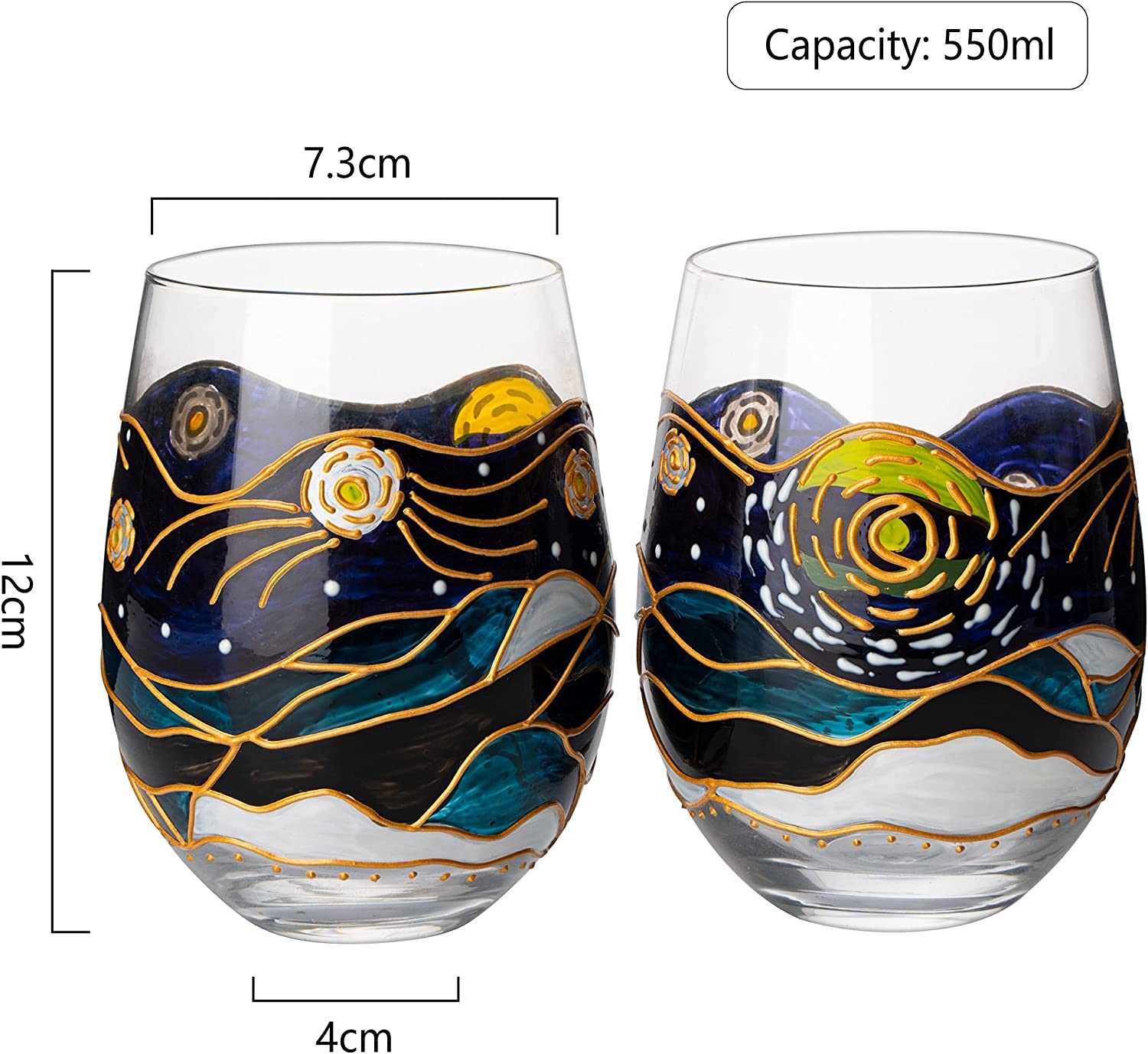 Vincent Van Gogh Wine Glasses Artisanal Hand Painted Stemless Set of 2-4