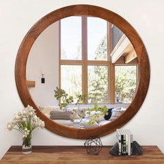 30 Inch Walnut Round Wall Mirror Rustic Style-1