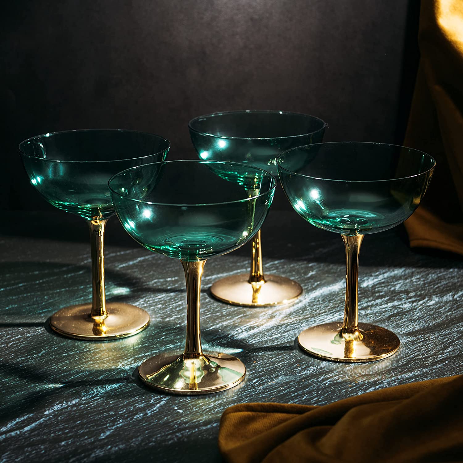 Colored Coupe Art Deco Glasses, Gold | Set of 4 | 8 oz (Green)-4
