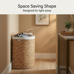 DEILSY Half Moon Laundry Hamper with Lid and Removable Liner Bag - Natural, Woven Water Hyacinth Laundry Basket for Clothes and Towels