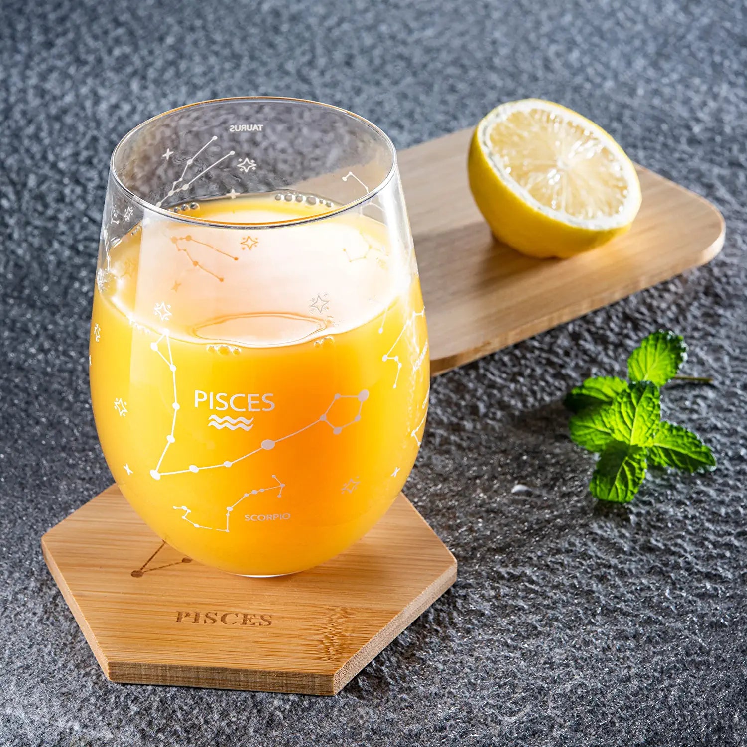 Set of 2 Zodiac Sign Wine Glasses with 2 Wooden Coasters (Pisces)-2